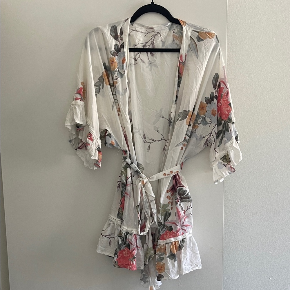 Anthropologie Floral Kimono Robe - White with Pink and Orange
